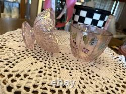 Signed Fenton C Ireland Fairy Lamp Hand Painted Daisies Pink Iridescent Vintage