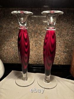 Signed Jarka Czech Art Glass Candlesticks Candle Holder 12 Set Of 2 Near Mint