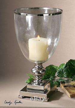 Silver Nickel Metal Hurricane Candle Holder Crackled Glass Globe