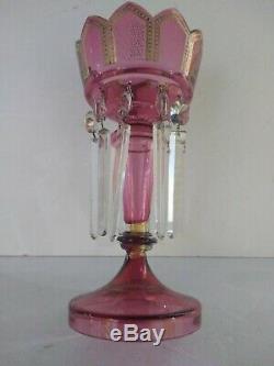 Single Luster With Prisms Circa 1920 Nice Decoration In Cranberry Color And Gold