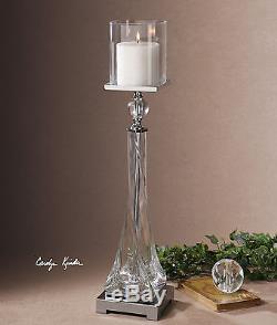 Stately Twisted Glass & Crystal Pillar Candleholders Sticks Nickel Accents