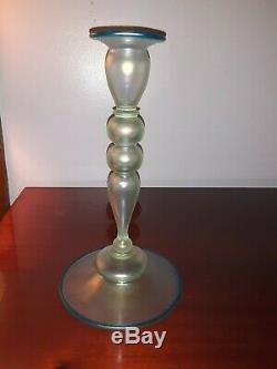 Steuben Cyprian Iridescent candle holder with celeste blue, 12 high, Pristine