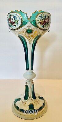 Stunning 1880's Moser Bohemian Overlay Glass Luster Candle Holder Spear Prisms