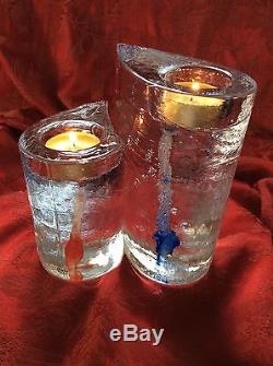 Stunning KOSTA BODA Pair HURRICANE ICE SWEET HEARTS TEA VOTIVE CANDLE HOLDERs