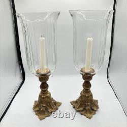 Stunning Ornate Vintage Brass Ribbed Glass Hurricane Candle Holder 18 Tall