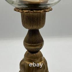 Stunning Ornate Vintage Brass Ribbed Glass Hurricane Candle Holder 18 Tall