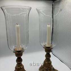 Stunning Ornate Vintage Brass Ribbed Glass Hurricane Candle Holder 18 Tall