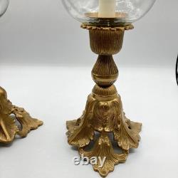 Stunning Ornate Vintage Brass Ribbed Glass Hurricane Candle Holder 18 Tall