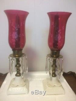 Stunning pair of antique cranberry glass lustres
