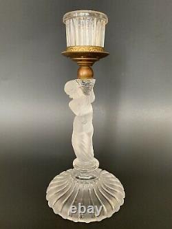 Super Rare Antq French Baccarat Signed Figural Enfant Glass Ormolu Candlestick
