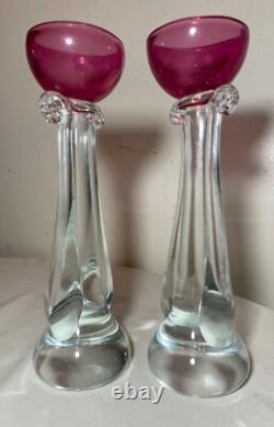 TALL pair Murano hand blown Alfredo Barbini glass candlesticks candle holders