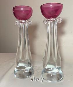 TALL pair Murano hand blown Alfredo Barbini glass candlesticks candle holders