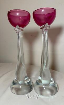 TALL pair Murano hand blown Alfredo Barbini glass candlesticks candle holders