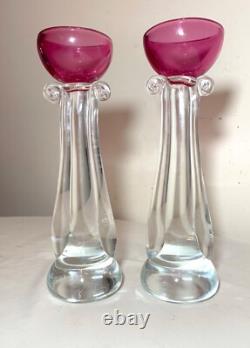 TALL pair Murano hand blown Alfredo Barbini glass candlesticks candle holders