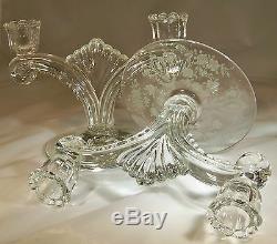 TIFFIN CHEROKEE ROSE CRYSTAL #5902 DOUBLE BRANCH PAIR of CANDLESTICKS
