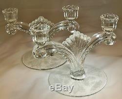 TIFFIN CHEROKEE ROSE CRYSTAL #5902 DOUBLE BRANCH PAIR of CANDLESTICKS
