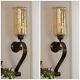 Two Antiqued Bronze Hand Forged Metal & Glass Wall Sconce Fixture Candle Holders