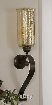 TWO ANTIQUED BRONZE HAND FORGED METAL & GLASS WALL SCONCE FIXTURE CANDLE HOLDERS