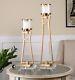 Two Antiqued Gold Candleholders Crystal Foot Pillar Candle Sticks Glass Globes