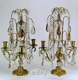 TWO Antique French Gilt Girandoles Candlesticks Amber and Crystal Prisms