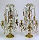 Two Antique French Gilt Girandoles Candlesticks Amber And Crystal Prisms