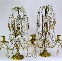 TWO Antique French Gilt Girandoles Candlesticks Amber and Crystal Prisms