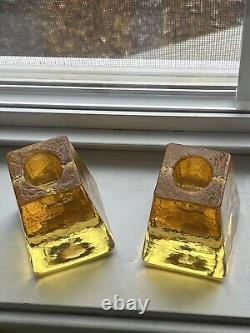 TWO FIRE & LIGHT RECYCLED GLASS CANDLE HOLDERS YELLOW citrus, TALL SIGNED