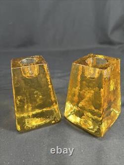 TWO FIRE & LIGHT RECYCLED GLASS CANDLE HOLDERS YELLOW citrus, TALL SIGNED