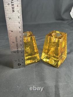 TWO FIRE & LIGHT RECYCLED GLASS CANDLE HOLDERS YELLOW citrus, TALL SIGNED