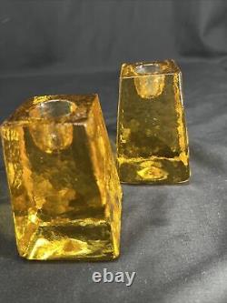 TWO FIRE & LIGHT RECYCLED GLASS CANDLE HOLDERS YELLOW citrus, TALL SIGNED