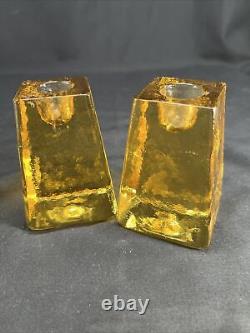 TWO FIRE & LIGHT RECYCLED GLASS CANDLE HOLDERS YELLOW citrus, TALL SIGNED