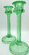 Two Gorgeous Six Paneled Green Uranium Glass Taper Candle Stick Holders 8 Tall