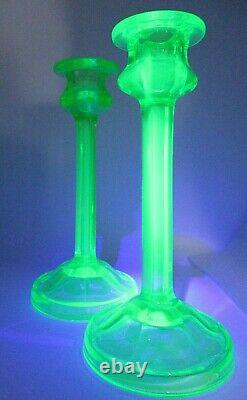 TWO Gorgeous Six Paneled Green Uranium Glass Taper Candle Stick Holders 8 Tall