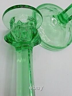 TWO Gorgeous Six Paneled Green Uranium Glass Taper Candle Stick Holders 8 Tall