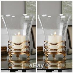 Two Large 16 Gold Leaf Metal Candelabra Candle Holder Glass Hurricane Top