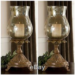 Two Large 28 Rustic Aged Metal Base Glass Hurricane Globe Style Candle Holder