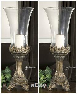 Two Large 29 Gray Patina Gold Accents Glass Hurricane Candleholders Candles