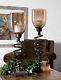 Two Large Candleholders Antiqued Bronze Twisted Metal Copper Brown Glass Candles