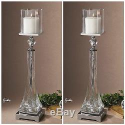 Two Large Twisted Glass & Crystal Pillar Candle Holders Sticks Nickel Accents