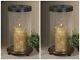 Two New Antiqued Brown Wood Candle Holders Glass Hurricanes Metal Trim Rustic