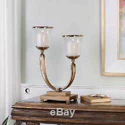 Two Rich Coffee Bronze Metal & Glass Candleholders Modern Pillar Candle Holder