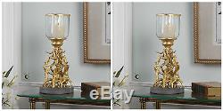 Two Stateley 16 Metallic Gold Metal Candelabra Candle Holder Glass Hurricane