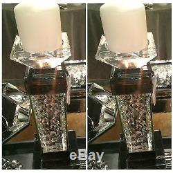 TWO STATELY MODERN GLASS CRYSTAL WITH MIRROR BASE CANDLE HOLDERS CANDLESTICKS