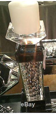 TWO STATELY RICH 11 GLASS CRYSTAL WITH MIRROR BASE CANDLE HOLDER CANDLESTICK