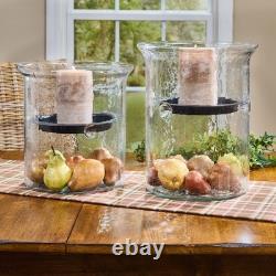 Tall Glass Hurricane Candle Holder Hand Blown Metal Insert 15