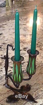 Tiffany Studios Patinated Bronze And Green Molded Glass Candle Holders