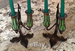Tiffany Studios Patinated Bronze And Green Molded Glass Candle Holders