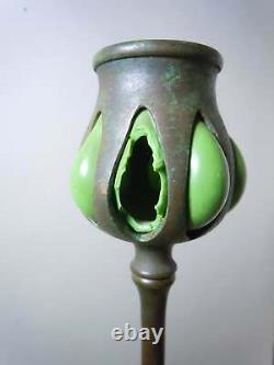 Tiffany Studios Patinated Bronze Green Favrile Art Glass Candlestick