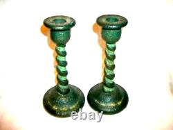 Tiffin Glass Barley Twist Candle Holders HP Floral Art Deco 1920s Textured Rare