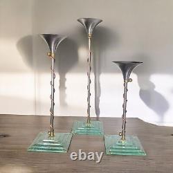 Tony Evans Signed Mixed Metal and Fused Glass Art Candlestick Holders